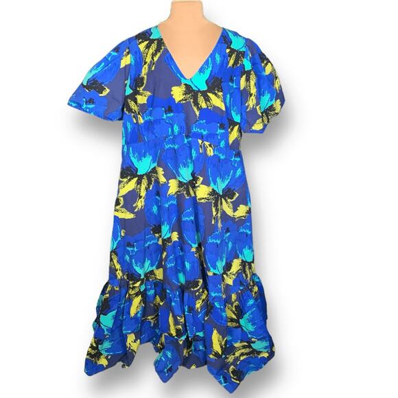 Christopher John Rogers x Target Blue Dark Floral Ruffle Puff Sleeve Maxi Plus - Picture 2 of 9
